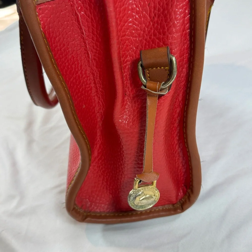 Vintage Dooney & Bourke All Weather Leather Satchel Handbag Red Tan Duck Fob